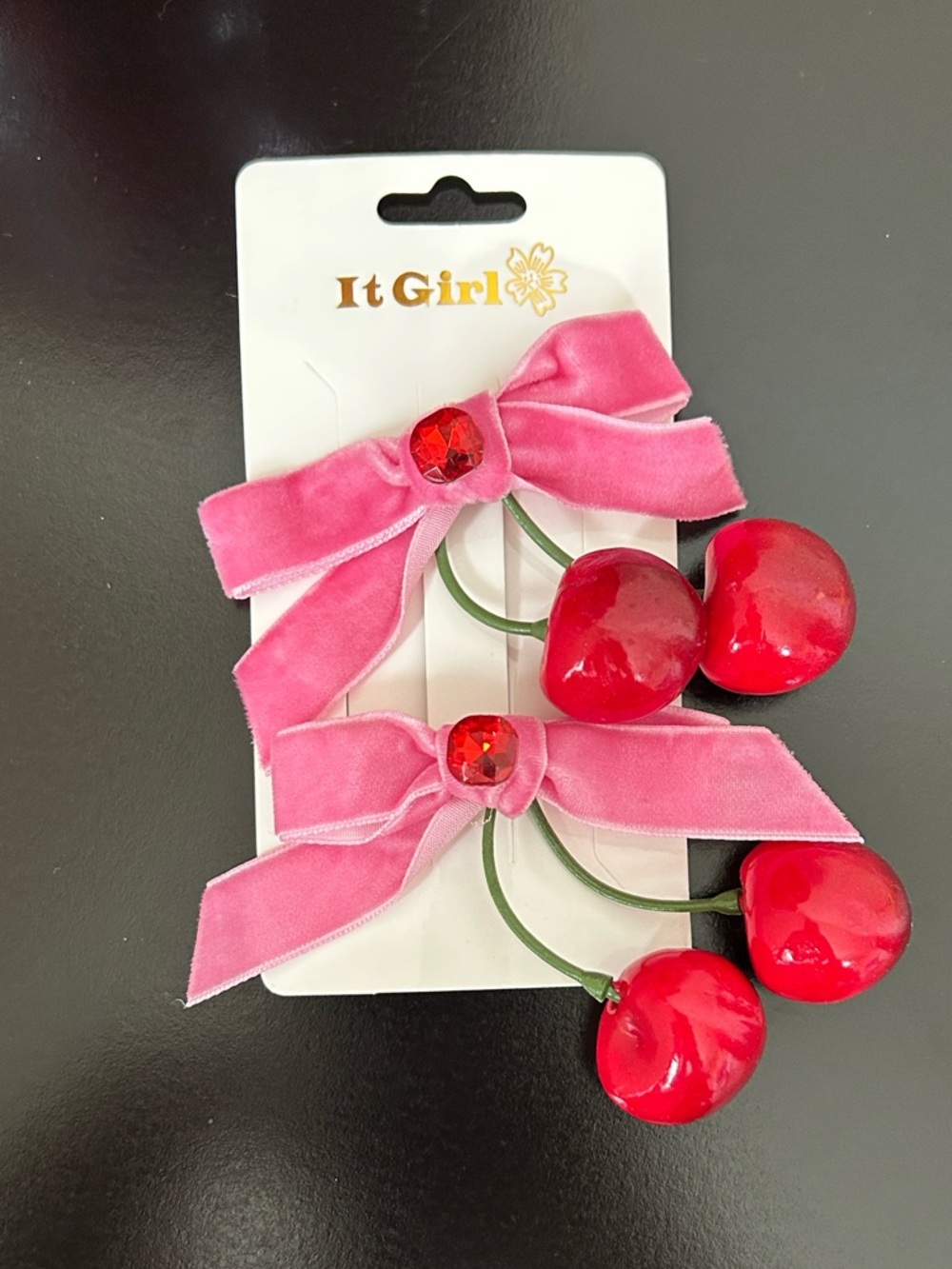 It Girl Cherry Hair Clips with Pink Velvet Ribbon Bow - 2 Barrettes